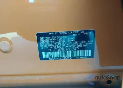 2024 Subaru Wrx из США, поврежденный, VIN JF1VBAB67R9810733